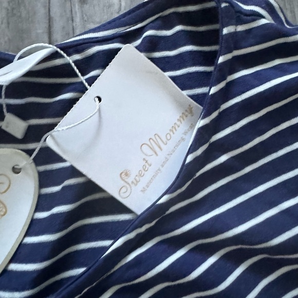 Sweet Mommy Maternity Blue & White Striped Long Sleeve/Cap Sleeve Top NWT - Picture 8 of 9
